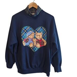 Vintage Bear Sweater Women Size Lg Blue 90s Plaid Bears Patchwork Cottage Preppy